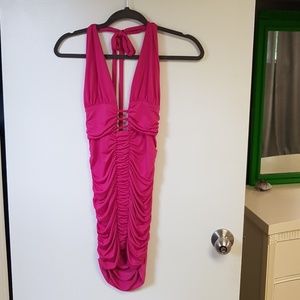 Pink Ruched Halter Dress